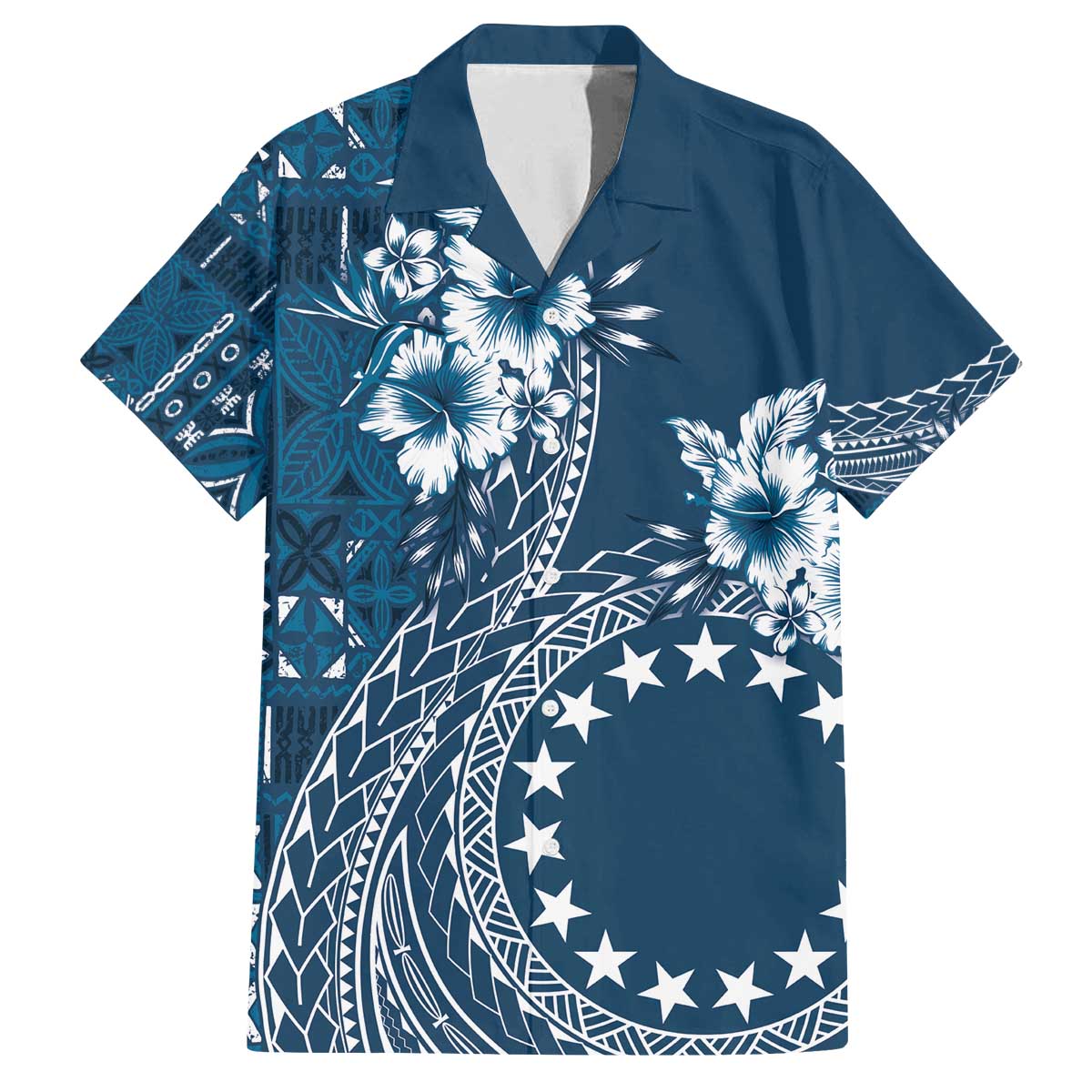 Kia Orana Cook Islands Family Matching Off Shoulder Short Dress and Hawaiian Shirt Tiare and Stars - Navy Blue LT7 Dad's Shirt - Short Sleeve Navy Blue - Polynesian Pride