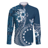 Kia Orana Cook Islands Family Matching Off Shoulder Short Dress and Hawaiian Shirt Tiare and Stars - Navy Blue LT7 Dad's Shirt - Long Sleeve Navy Blue - Polynesian Pride