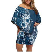 Kia Orana Cook Islands Family Matching Off Shoulder Short Dress and Hawaiian Shirt Tiare and Stars - Navy Blue LT7 Mom's Dress Navy Blue - Polynesian Pride