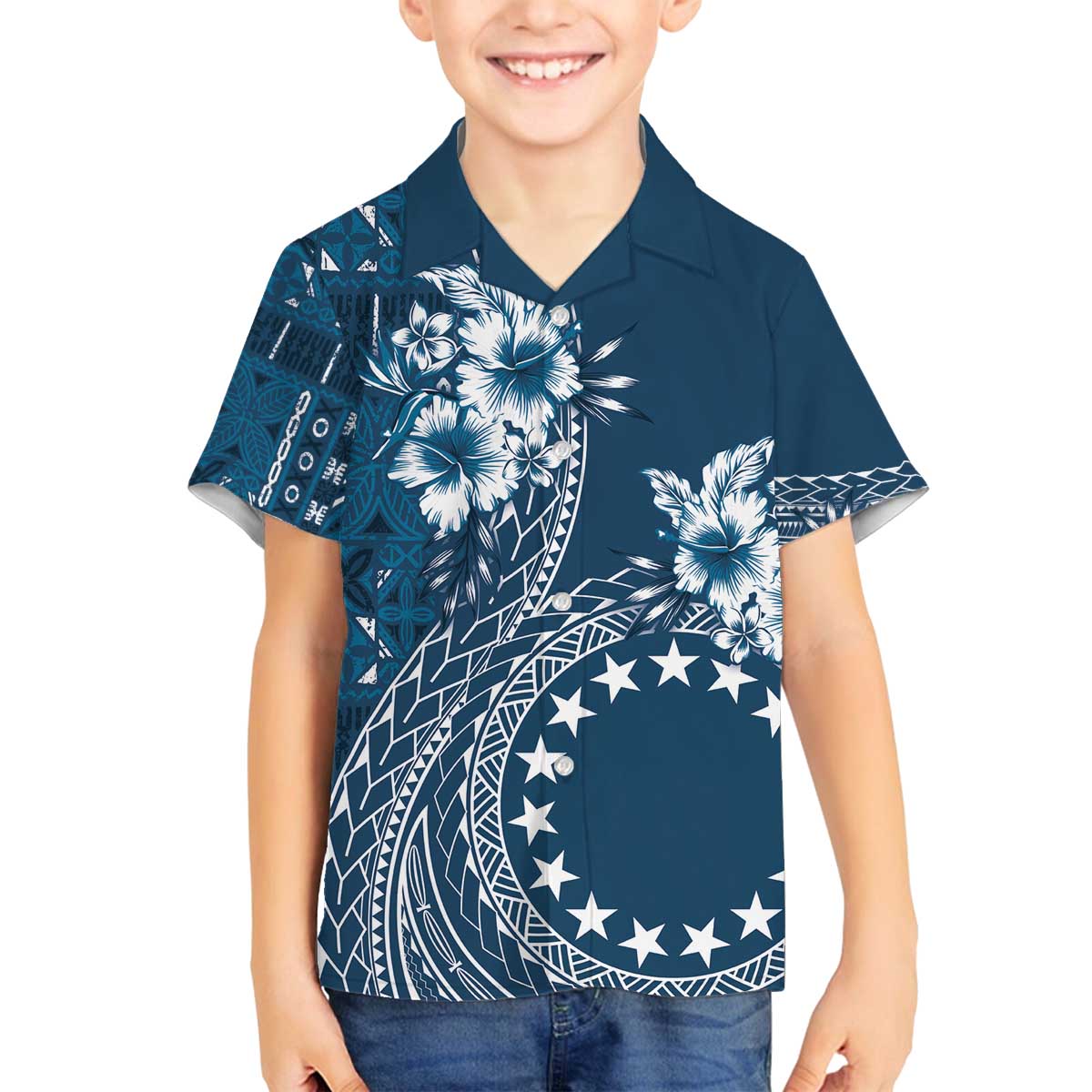 Kia Orana Cook Islands Family Matching Off Shoulder Short Dress and Hawaiian Shirt Tiare and Stars - Navy Blue LT7 Son's Shirt Navy Blue - Polynesian Pride