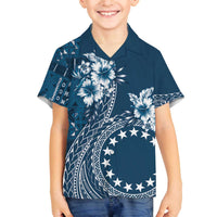 Kia Orana Cook Islands Family Matching Puletasi and Hawaiian Shirt Tiare and Stars - Navy Blue LT7 Son's Shirt Navy Blue - Polynesian Pride