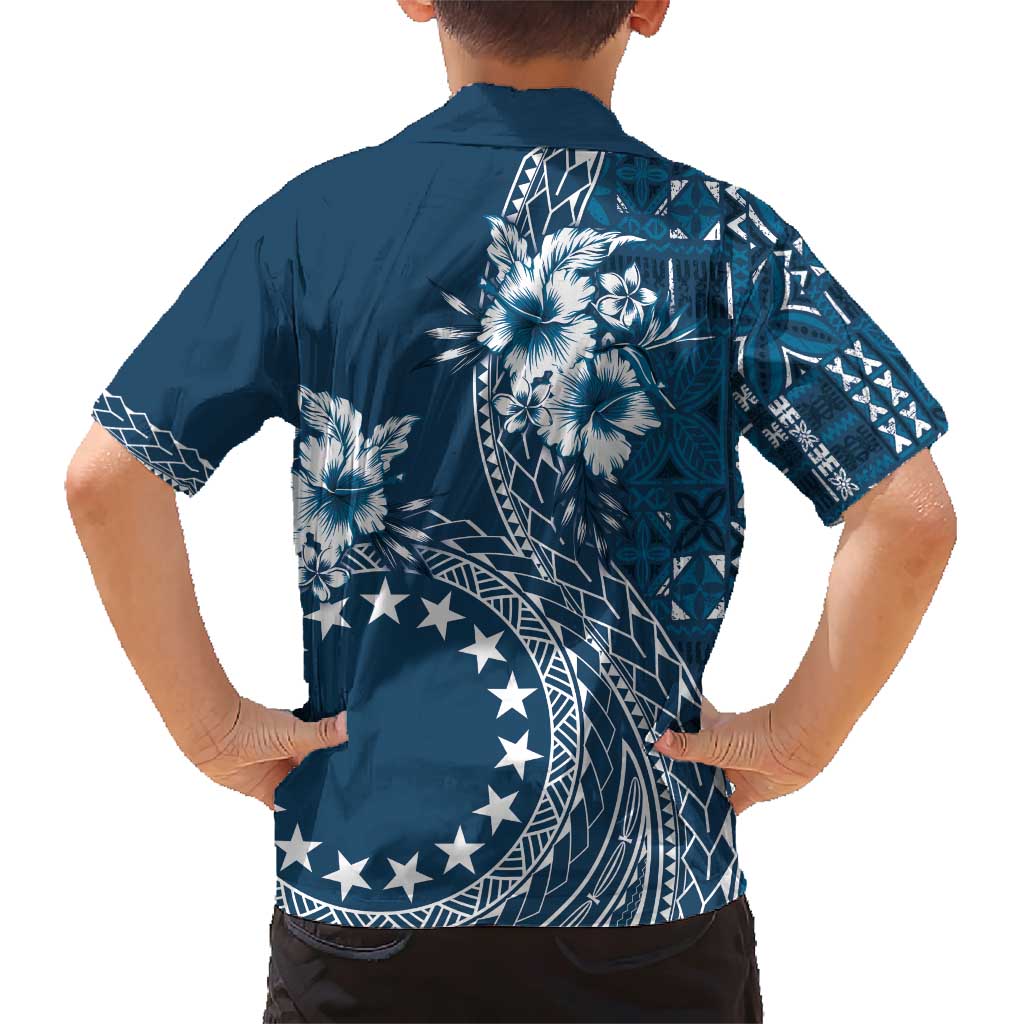 Kia Orana Cook Islands Family Matching Short Sleeve Bodycon Dress and Hawaiian Shirt Tiare and Stars - Navy Blue LT7 - Polynesian Pride