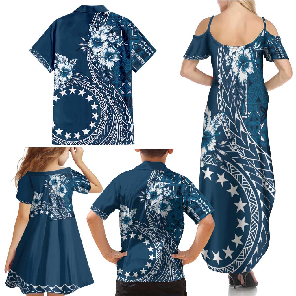 Kia Orana Cook Islands Family Matching Summer Maxi Dress and Hawaiian Shirt Tiare and Stars - Navy Blue LT7 - Polynesian Pride