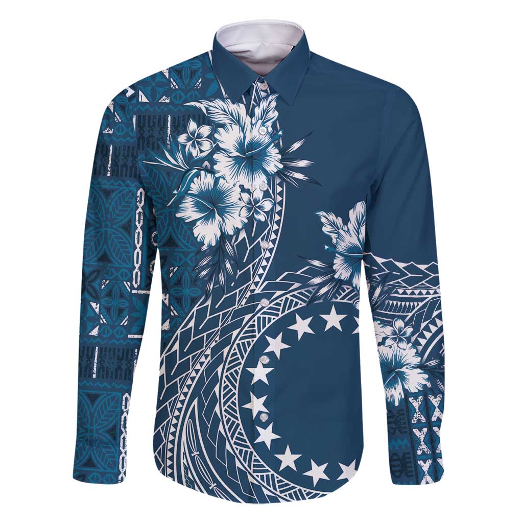 Kia Orana Cook Islands Family Matching Summer Maxi Dress and Hawaiian Shirt Tiare and Stars - Navy Blue LT7 Dad's Shirt - Long Sleeve Navy Blue - Polynesian Pride