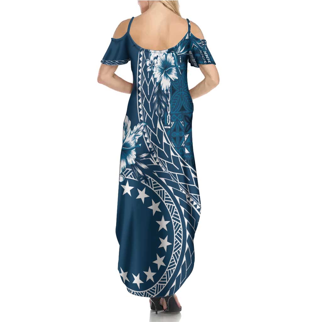 Kia Orana Cook Islands Family Matching Summer Maxi Dress and Hawaiian Shirt Tiare and Stars - Navy Blue LT7 - Polynesian Pride
