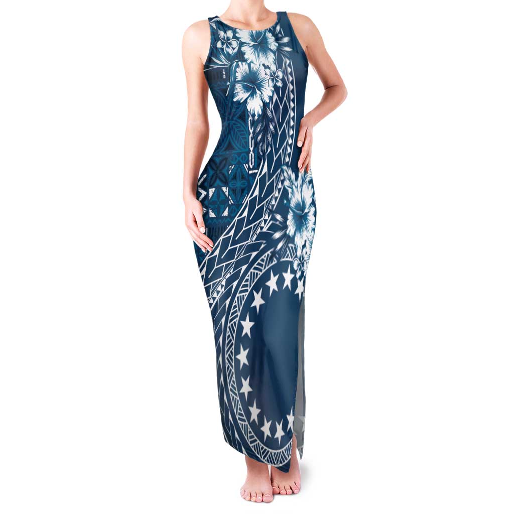 Kia Orana Cook Islands Family Matching Tank Maxi Dress and Hawaiian Shirt Tiare and Stars - Navy Blue LT7 Mom's Dress Navy Blue - Polynesian Pride