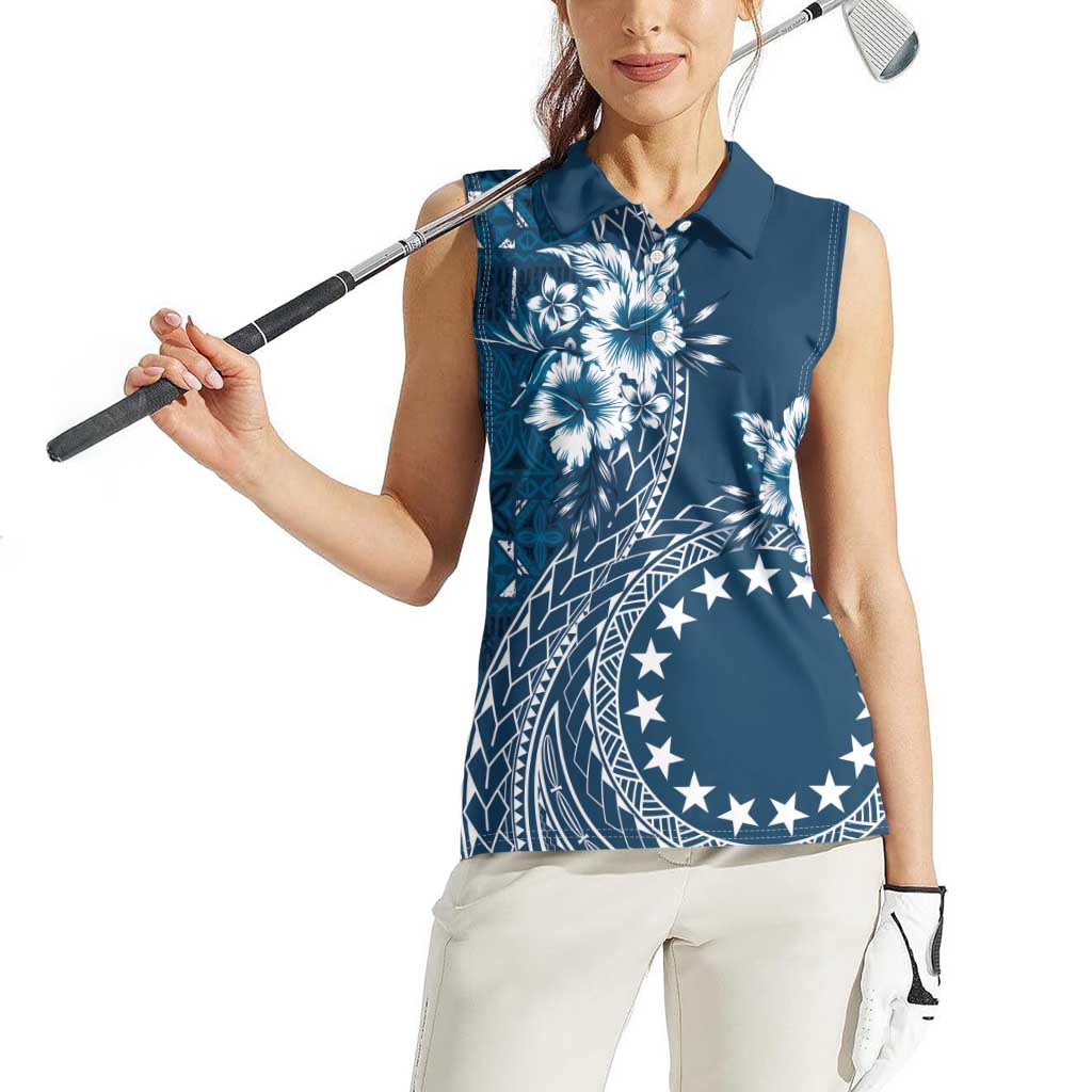 Kia Orana Cook Islands Women Sleeveless Polo Shirt Tiare and Stars - Navy Blue