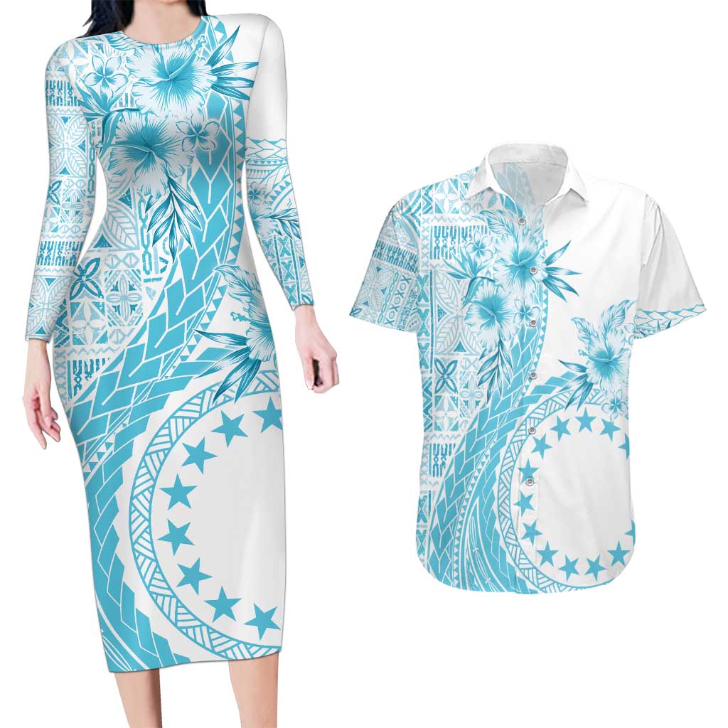 Kia Orana Cook Islands Couples Matching Long Sleeve Bodycon Dress and Hawaiian Shirt Tiare and Stars - Turquoise LT7 Turquoise - Polynesian Pride