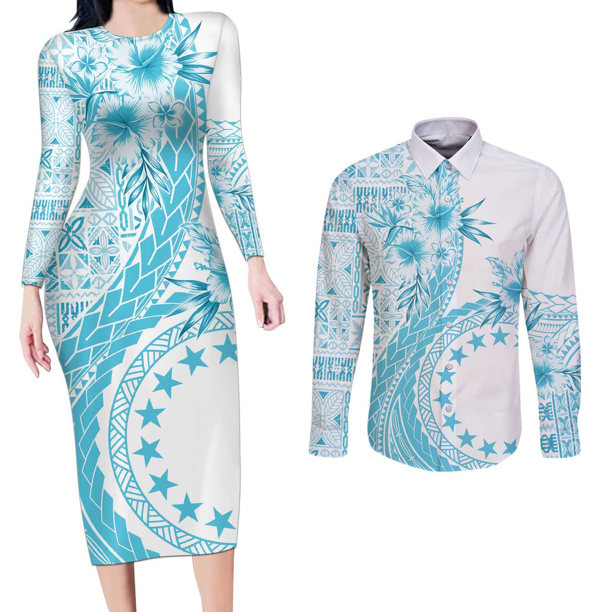 Kia Orana Cook Islands Couples Matching Long Sleeve Bodycon Dress and Long Sleeve Button Shirt Tiare and Stars - Turquoise LT7 Turquoise - Polynesian Pride