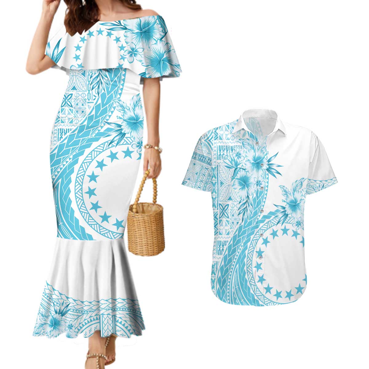 Kia Orana Cook Islands Couples Matching Mermaid Dress and Hawaiian Shirt Tiare and Stars - Turquoise LT7 Turquoise - Polynesian Pride
