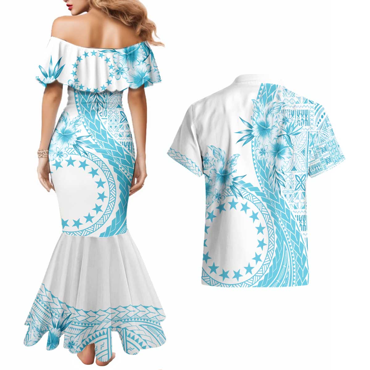 Kia Orana Cook Islands Couples Matching Mermaid Dress and Hawaiian Shirt Tiare and Stars - Turquoise LT7 - Polynesian Pride
