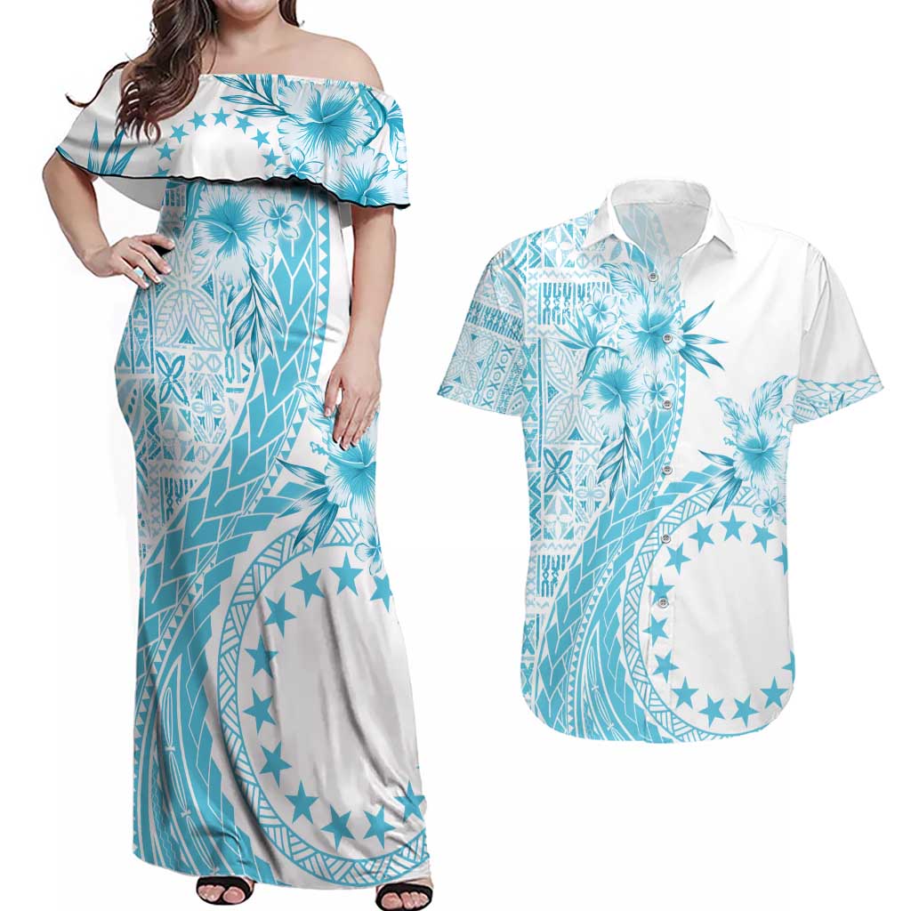 Kia Orana Cook Islands Couples Matching Off Shoulder Maxi Dress and Hawaiian Shirt Tiare and Stars - Turquoise LT7 Turquoise - Polynesian Pride