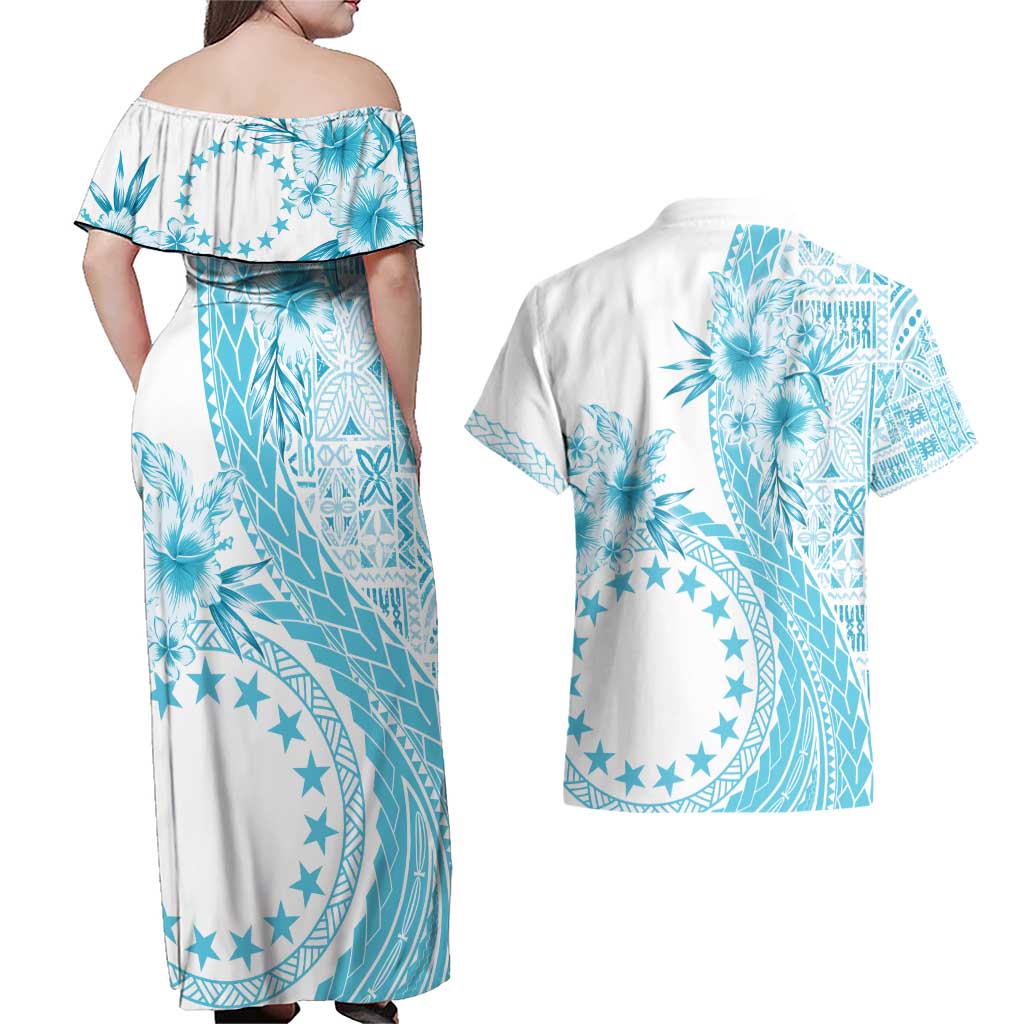 Kia Orana Cook Islands Couples Matching Off Shoulder Maxi Dress and Hawaiian Shirt Tiare and Stars - Turquoise LT7 - Polynesian Pride
