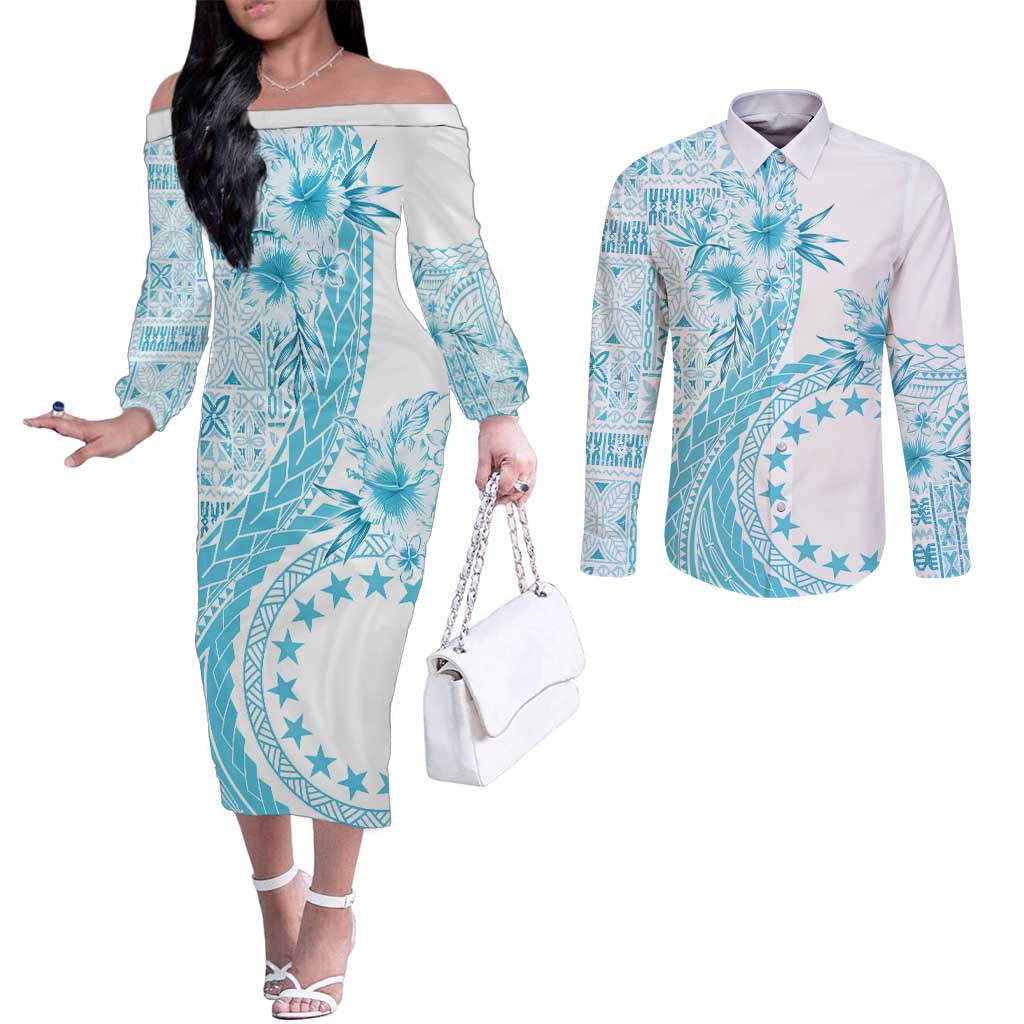 Kia Orana Cook Islands Couples Matching Off The Shoulder Long Sleeve Dress and Long Sleeve Button Shirt Tiare and Stars - Turquoise LT7 Turquoise - Polynesian Pride