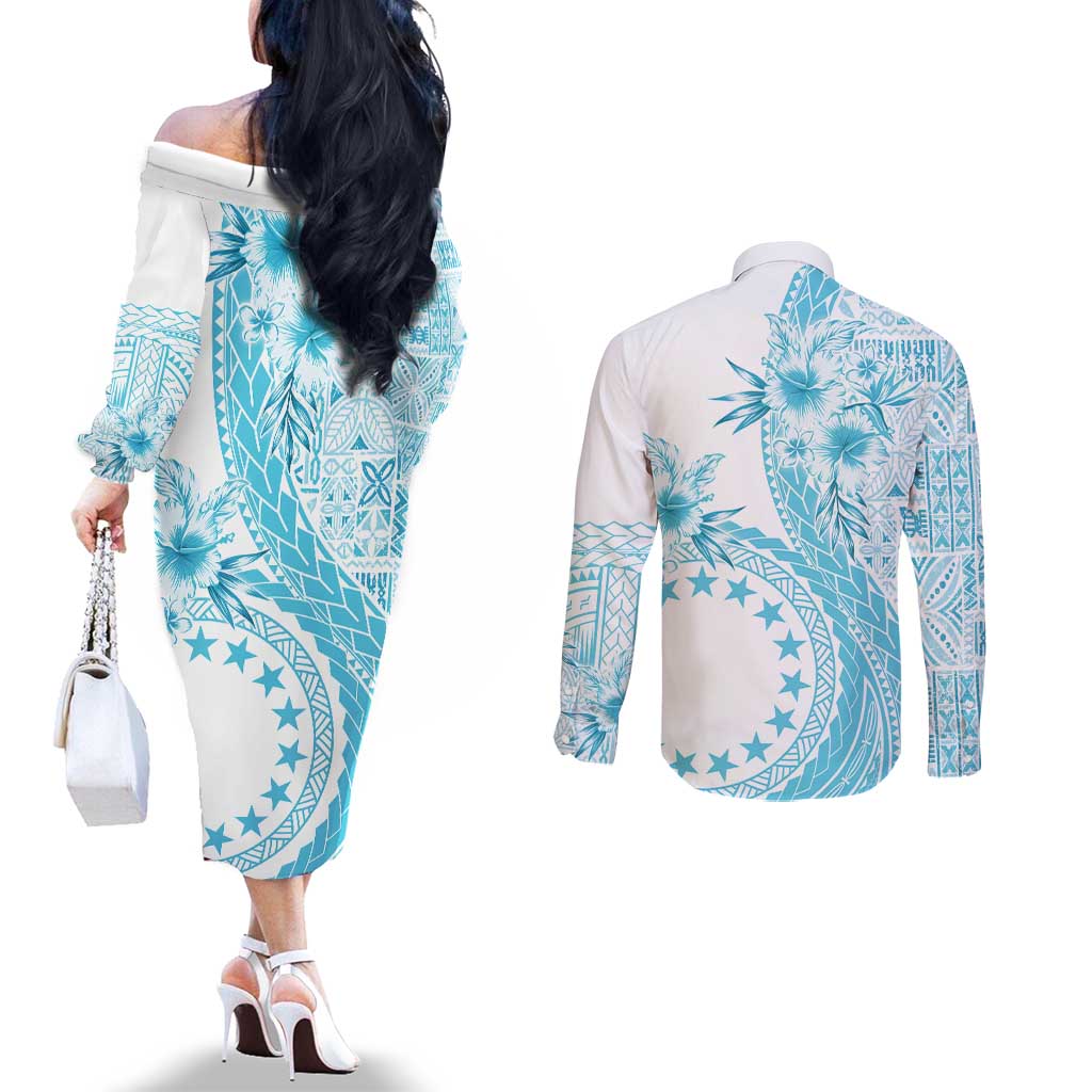 Kia Orana Cook Islands Couples Matching Off The Shoulder Long Sleeve Dress and Long Sleeve Button Shirt Tiare and Stars - Turquoise LT7 - Polynesian Pride
