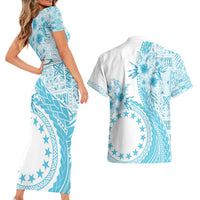 Kia Orana Cook Islands Couples Matching Short Sleeve Bodycon Dress and Hawaiian Shirt Tiare and Stars - Turquoise LT7 - Polynesian Pride