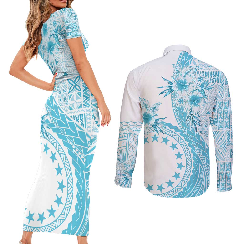 Kia Orana Cook Islands Couples Matching Short Sleeve Bodycon Dress and Long Sleeve Button Shirt Tiare and Stars - Turquoise LT7 - Polynesian Pride