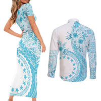 Kia Orana Cook Islands Couples Matching Short Sleeve Bodycon Dress and Long Sleeve Button Shirt Tiare and Stars - Turquoise LT7 - Polynesian Pride