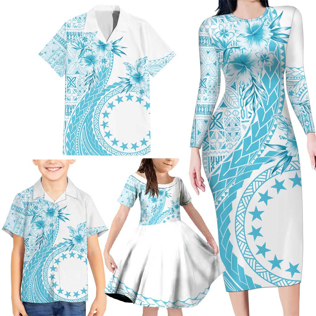 Kia Orana Cook Islands Family Matching Long Sleeve Bodycon Dress and Hawaiian Shirt Tiare and Stars - Turquoise LT7 - Polynesian Pride