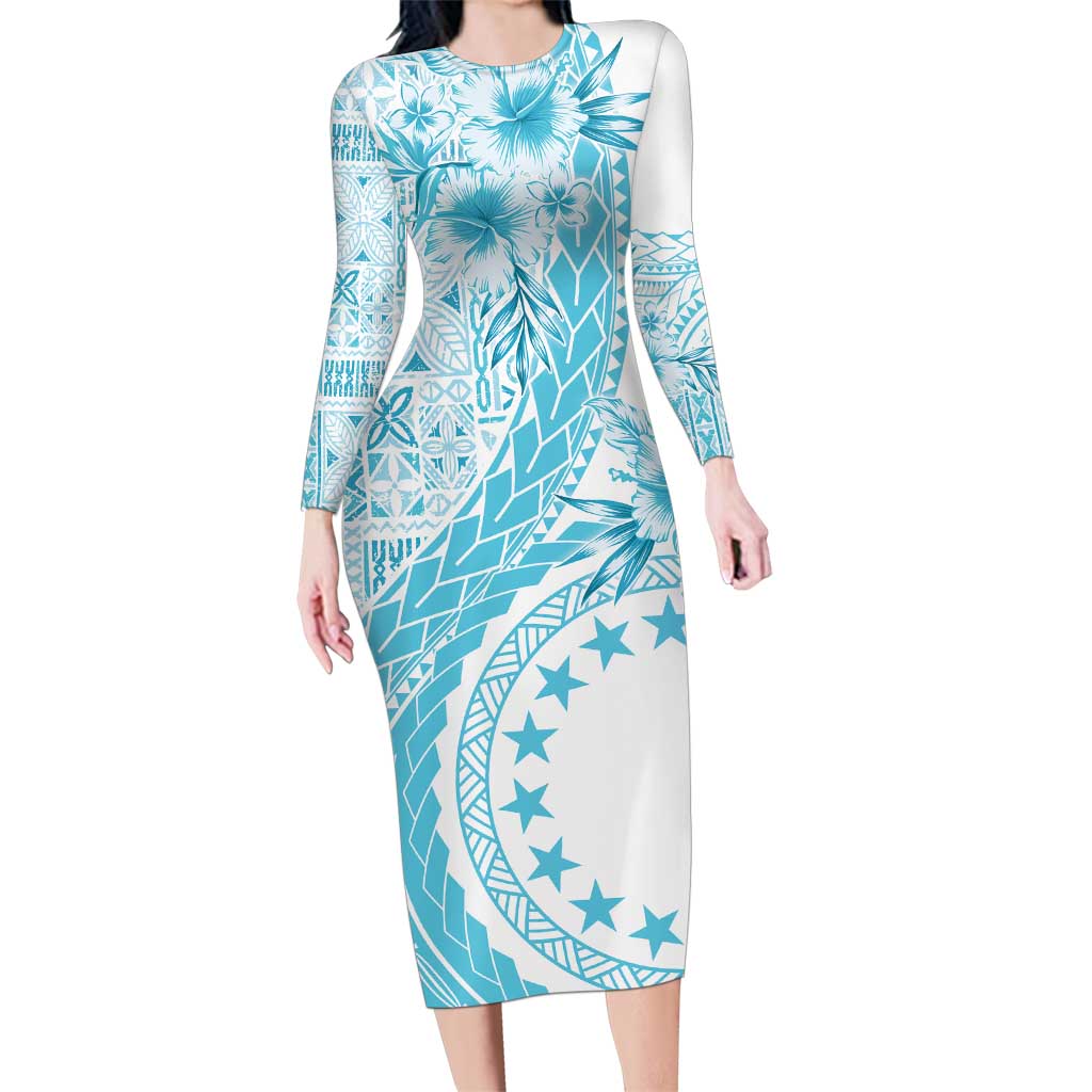 Kia Orana Cook Islands Family Matching Long Sleeve Bodycon Dress and Hawaiian Shirt Tiare and Stars - Turquoise LT7 Mom's Dress Turquoise - Polynesian Pride