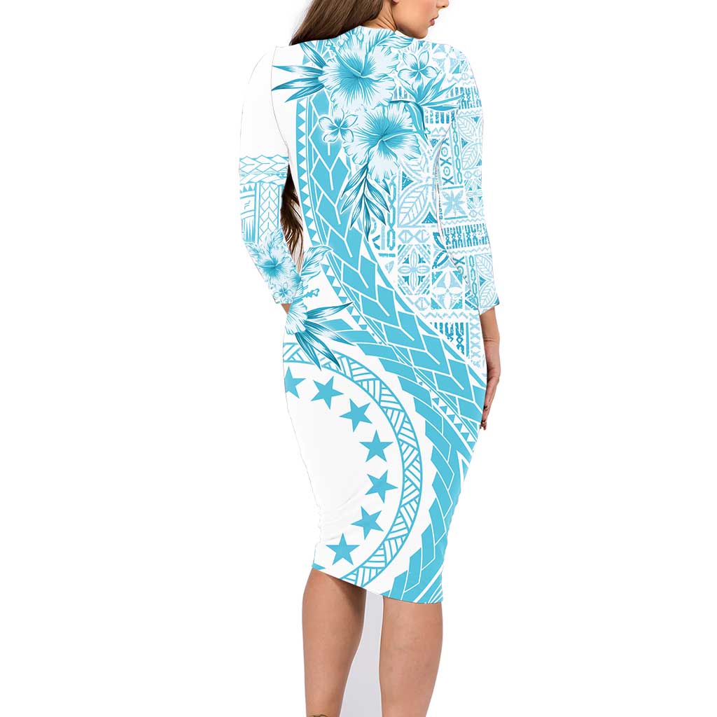 Kia Orana Cook Islands Family Matching Long Sleeve Bodycon Dress and Hawaiian Shirt Tiare and Stars - Turquoise LT7 - Polynesian Pride