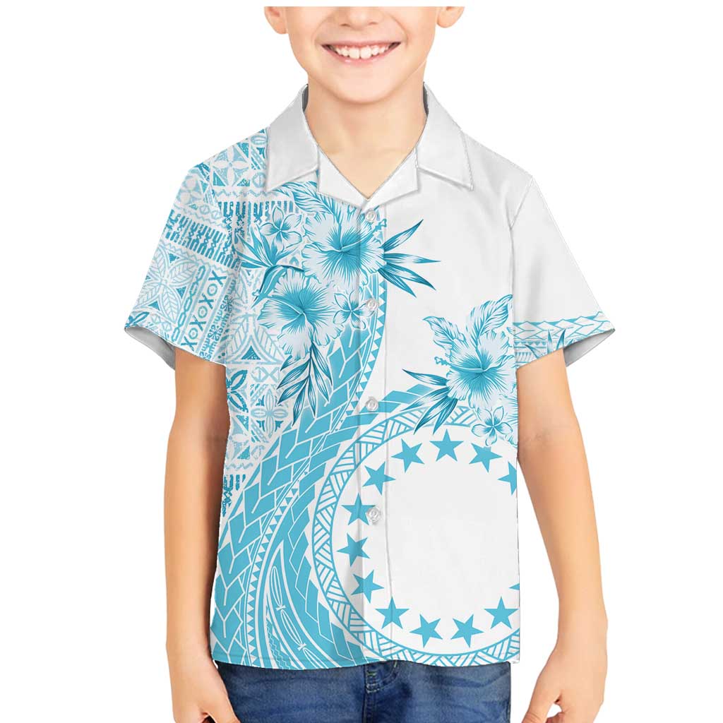 Kia Orana Cook Islands Family Matching Mermaid Dress and Hawaiian Shirt Tiare and Stars - Turquoise LT7 Son's Shirt Turquoise - Polynesian Pride