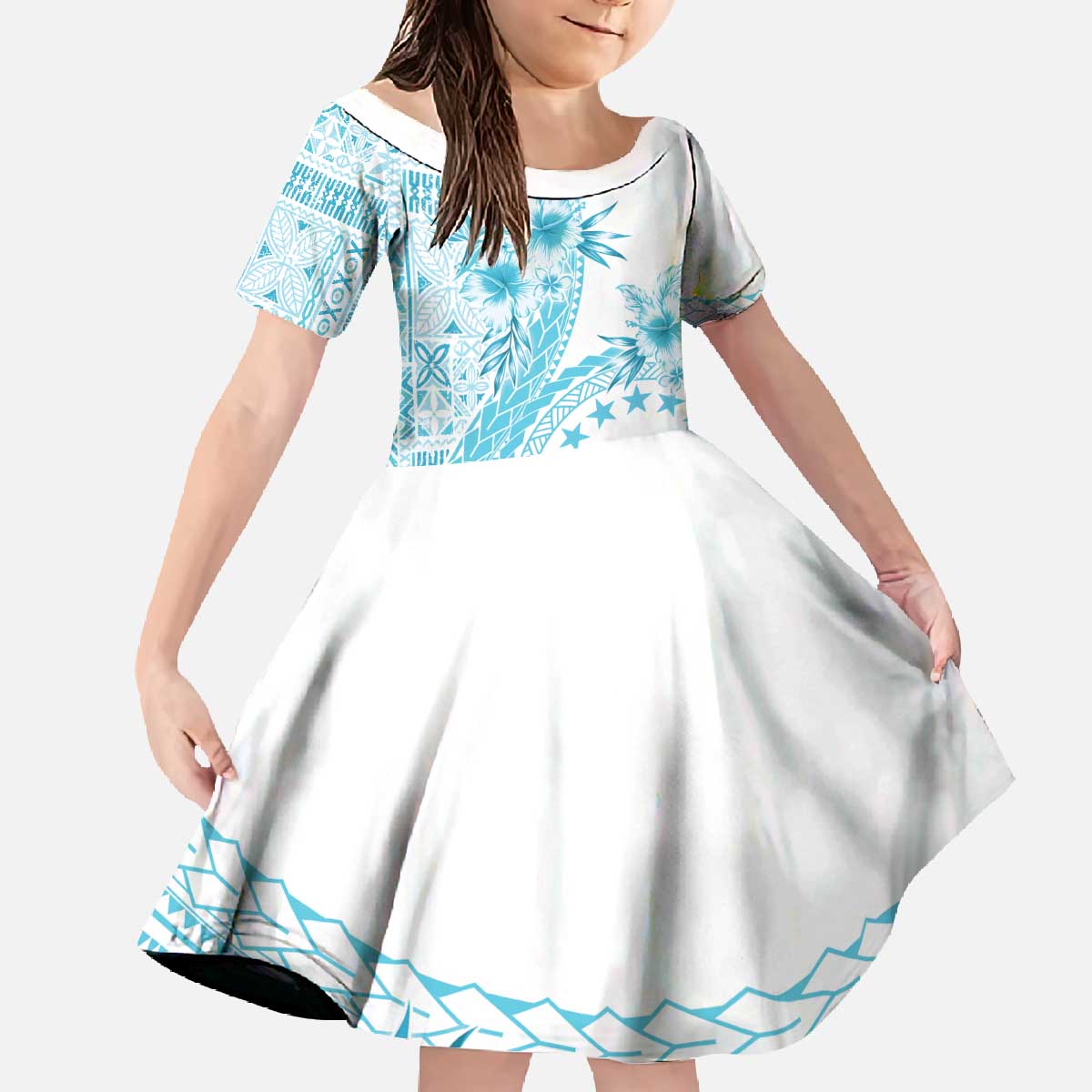 Kia Orana Cook Islands Family Matching Off The Shoulder Long Sleeve Dress and Hawaiian Shirt Tiare and Stars - Turquoise LT7 Daughter's Dress Turquoise - Polynesian Pride