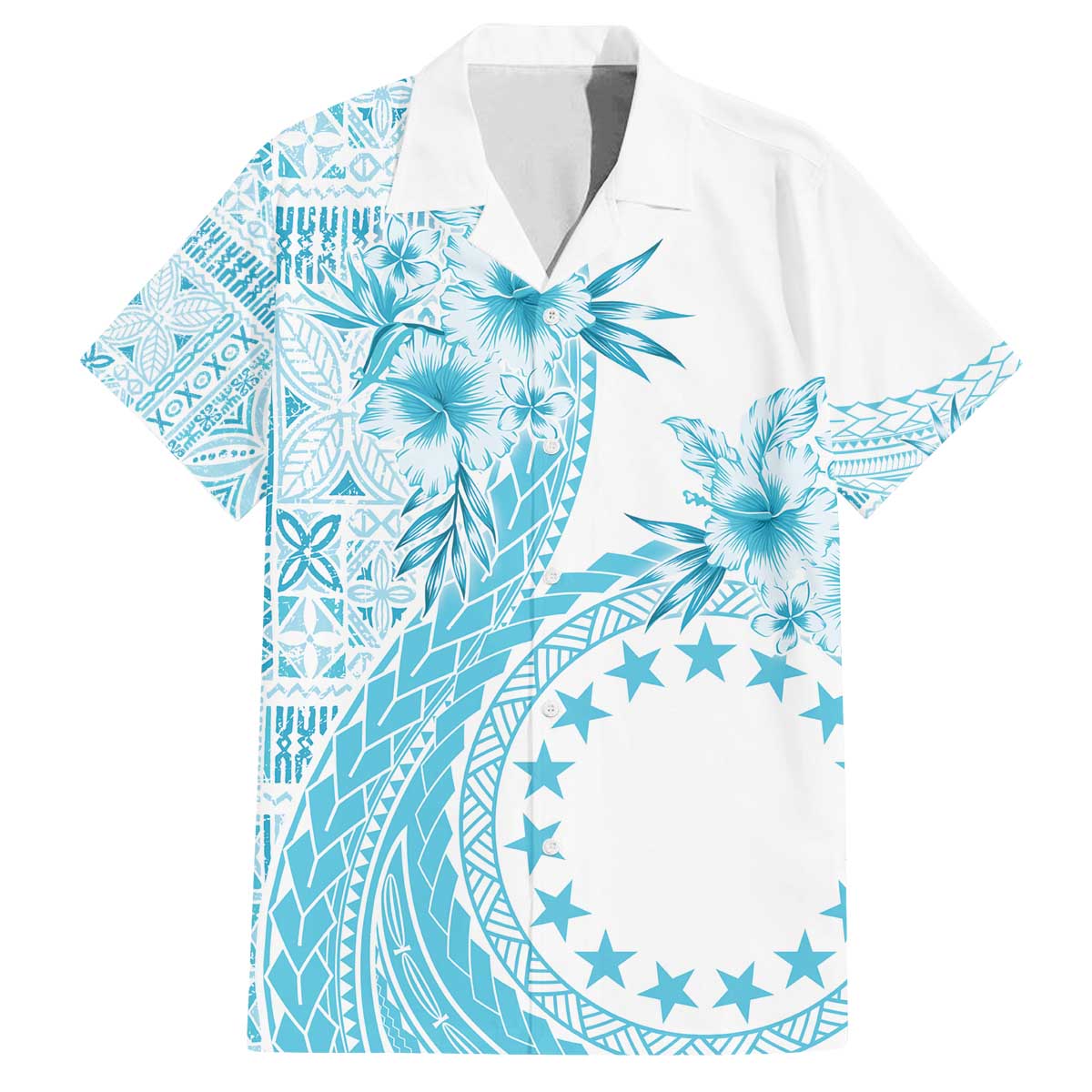 Kia Orana Cook Islands Family Matching Off The Shoulder Long Sleeve Dress and Hawaiian Shirt Tiare and Stars - Turquoise LT7 Dad's Shirt - Short Sleeve Turquoise - Polynesian Pride