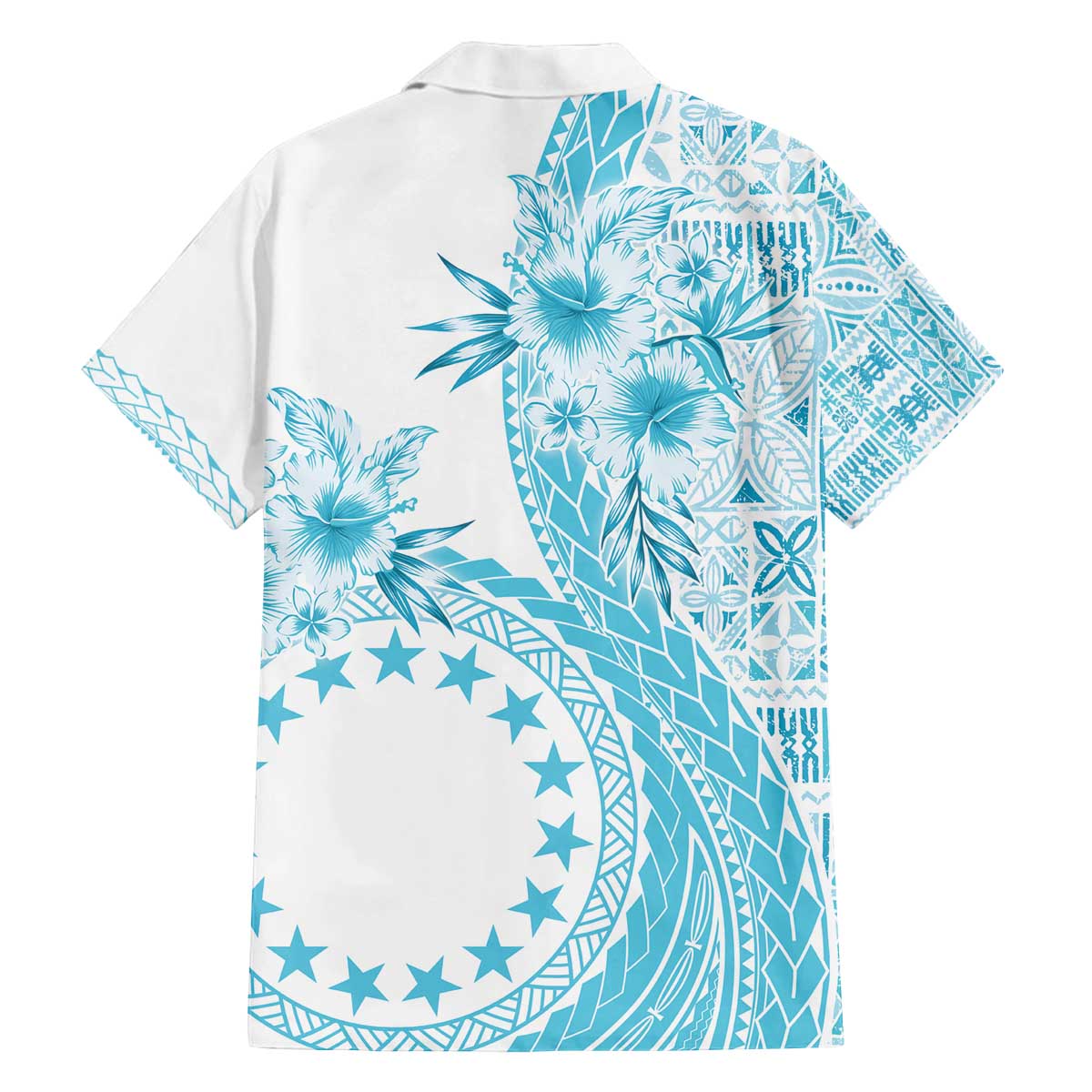 Kia Orana Cook Islands Family Matching Off The Shoulder Long Sleeve Dress and Hawaiian Shirt Tiare and Stars - Turquoise LT7 - Polynesian Pride