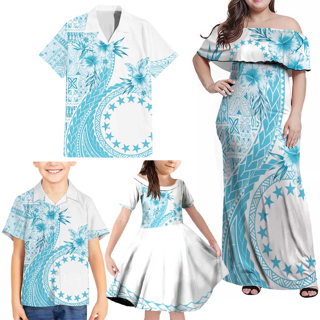 Kia Orana Cook Islands Family Matching Off Shoulder Maxi Dress and Hawaiian Shirt Tiare and Stars - Turquoise LT7 - Polynesian Pride