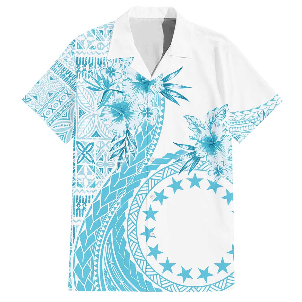 Kia Orana Cook Islands Family Matching Off Shoulder Maxi Dress and Hawaiian Shirt Tiare and Stars - Turquoise LT7 Dad's Shirt - Short Sleeve Turquoise - Polynesian Pride