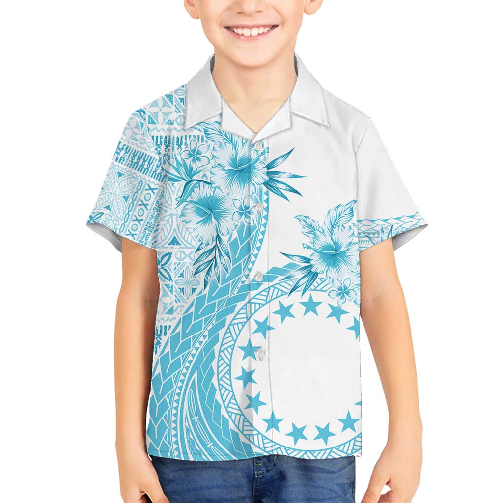 Kia Orana Cook Islands Family Matching Off Shoulder Maxi Dress and Hawaiian Shirt Tiare and Stars - Turquoise LT7 Son's Shirt Turquoise - Polynesian Pride