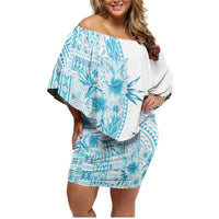 Kia Orana Cook Islands Family Matching Off Shoulder Short Dress and Hawaiian Shirt Tiare and Stars - Turquoise LT7 Mom's Dress Turquoise - Polynesian Pride