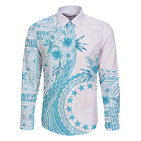 Kia Orana Cook Islands Family Matching Puletasi and Hawaiian Shirt Tiare and Stars - Turquoise LT7 Dad's Shirt - Long Sleeve Turquoise - Polynesian Pride