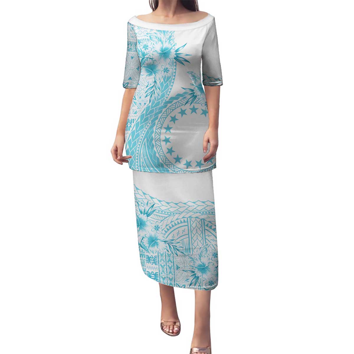 Kia Orana Cook Islands Family Matching Puletasi and Hawaiian Shirt Tiare and Stars - Turquoise LT7 Mom's Dress Turquoise - Polynesian Pride