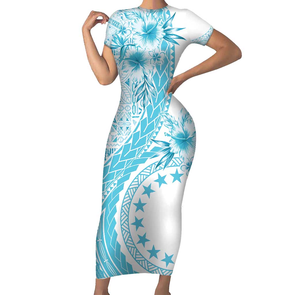 Kia Orana Cook Islands Family Matching Short Sleeve Bodycon Dress and Hawaiian Shirt Tiare and Stars - Turquoise LT7 Mom's Dress Turquoise - Polynesian Pride