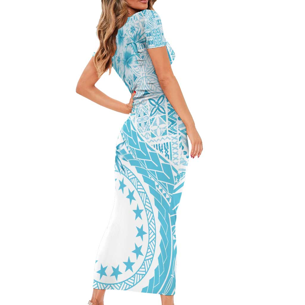 Kia Orana Cook Islands Family Matching Short Sleeve Bodycon Dress and Hawaiian Shirt Tiare and Stars - Turquoise LT7 - Polynesian Pride