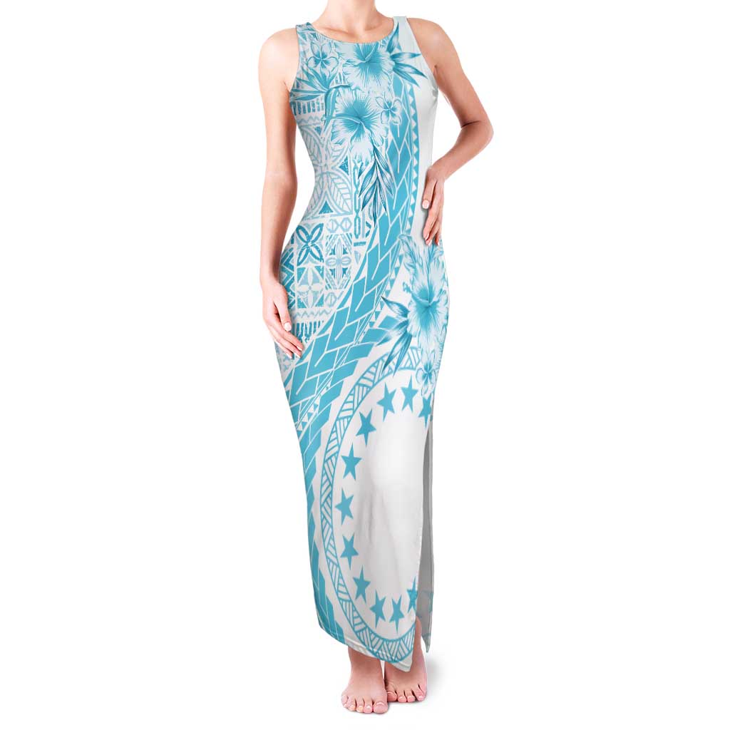 Kia Orana Cook Islands Family Matching Tank Maxi Dress and Hawaiian Shirt Tiare and Stars - Turquoise LT7 Mom's Dress Turquoise - Polynesian Pride