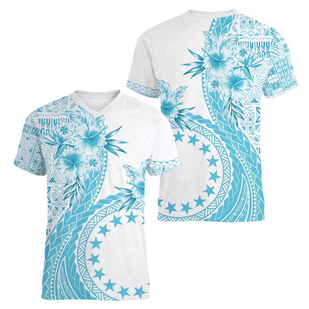 Kia Orana Cook Islands Women V-Neck T-Shirt Tiare and Stars - Turquoise