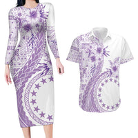 Kia Orana Cook Islands Couples Matching Long Sleeve Bodycon Dress and Hawaiian Shirt Tiare and Stars - Lavender LT7 Lavender - Polynesian Pride