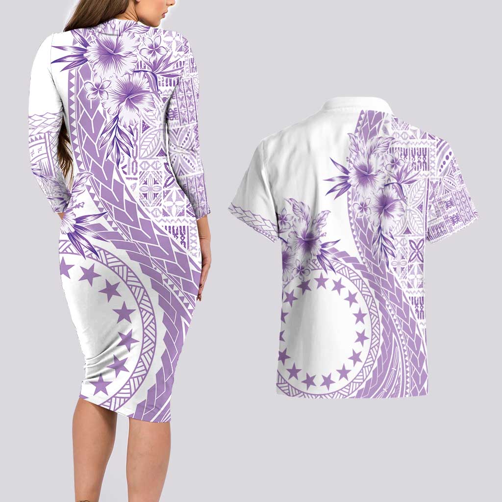 Kia Orana Cook Islands Couples Matching Long Sleeve Bodycon Dress and Hawaiian Shirt Tiare and Stars - Lavender LT7 - Polynesian Pride