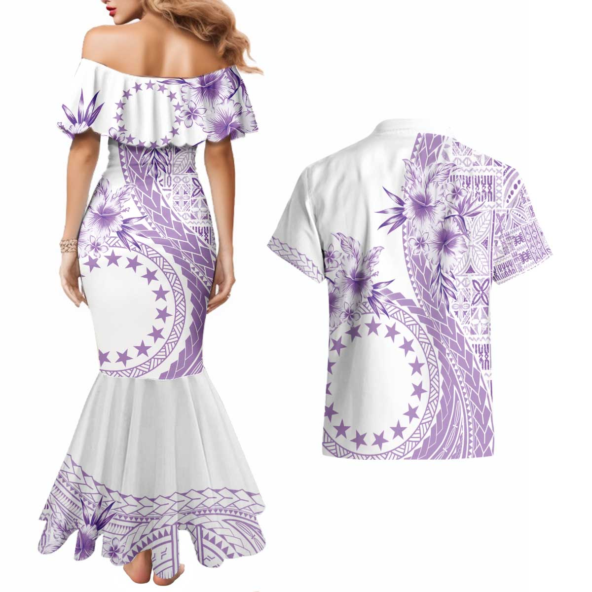 Kia Orana Cook Islands Couples Matching Mermaid Dress and Hawaiian Shirt Tiare and Stars - Lavender LT7 - Polynesian Pride
