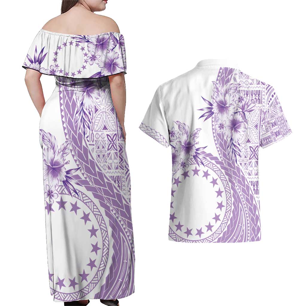 Kia Orana Cook Islands Couples Matching Off Shoulder Maxi Dress and Hawaiian Shirt Tiare and Stars - Lavender LT7 - Polynesian Pride