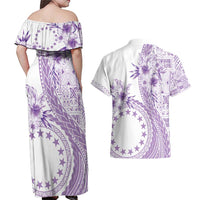 Kia Orana Cook Islands Couples Matching Off Shoulder Maxi Dress and Hawaiian Shirt Tiare and Stars - Lavender LT7 - Polynesian Pride