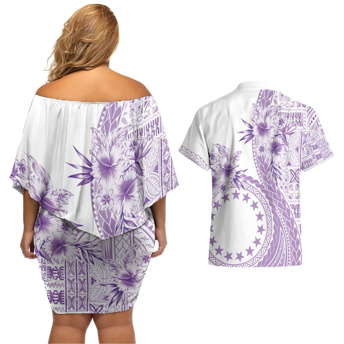 Kia Orana Cook Islands Couples Matching Off Shoulder Short Dress and Hawaiian Shirt Tiare and Stars - Lavender LT7 - Polynesian Pride