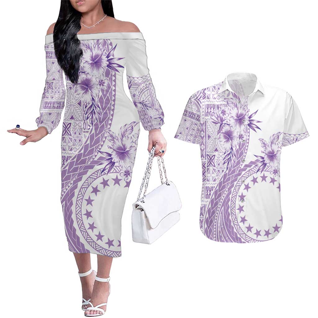 Kia Orana Cook Islands Couples Matching Off The Shoulder Long Sleeve Dress and Hawaiian Shirt Tiare and Stars - Lavender LT7 Lavender - Polynesian Pride