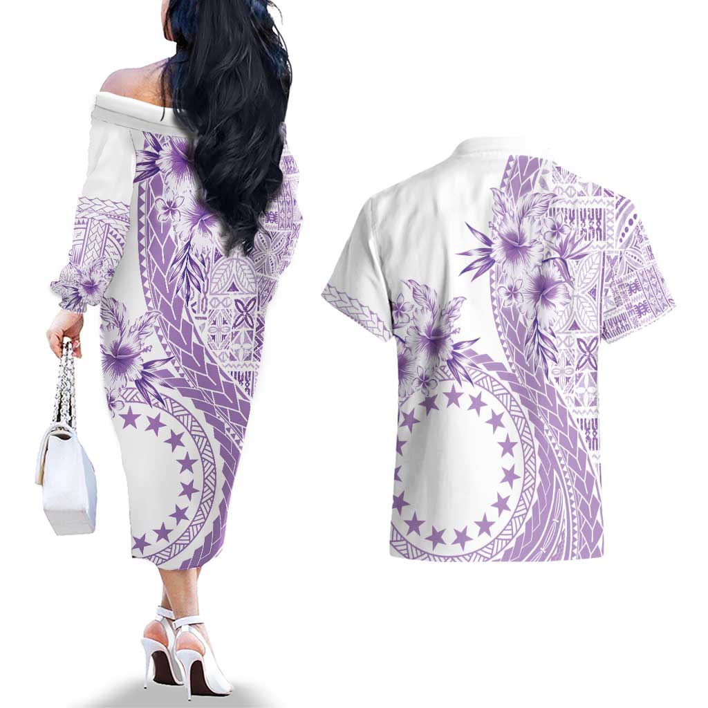 Kia Orana Cook Islands Couples Matching Off The Shoulder Long Sleeve Dress and Hawaiian Shirt Tiare and Stars - Lavender LT7 - Polynesian Pride