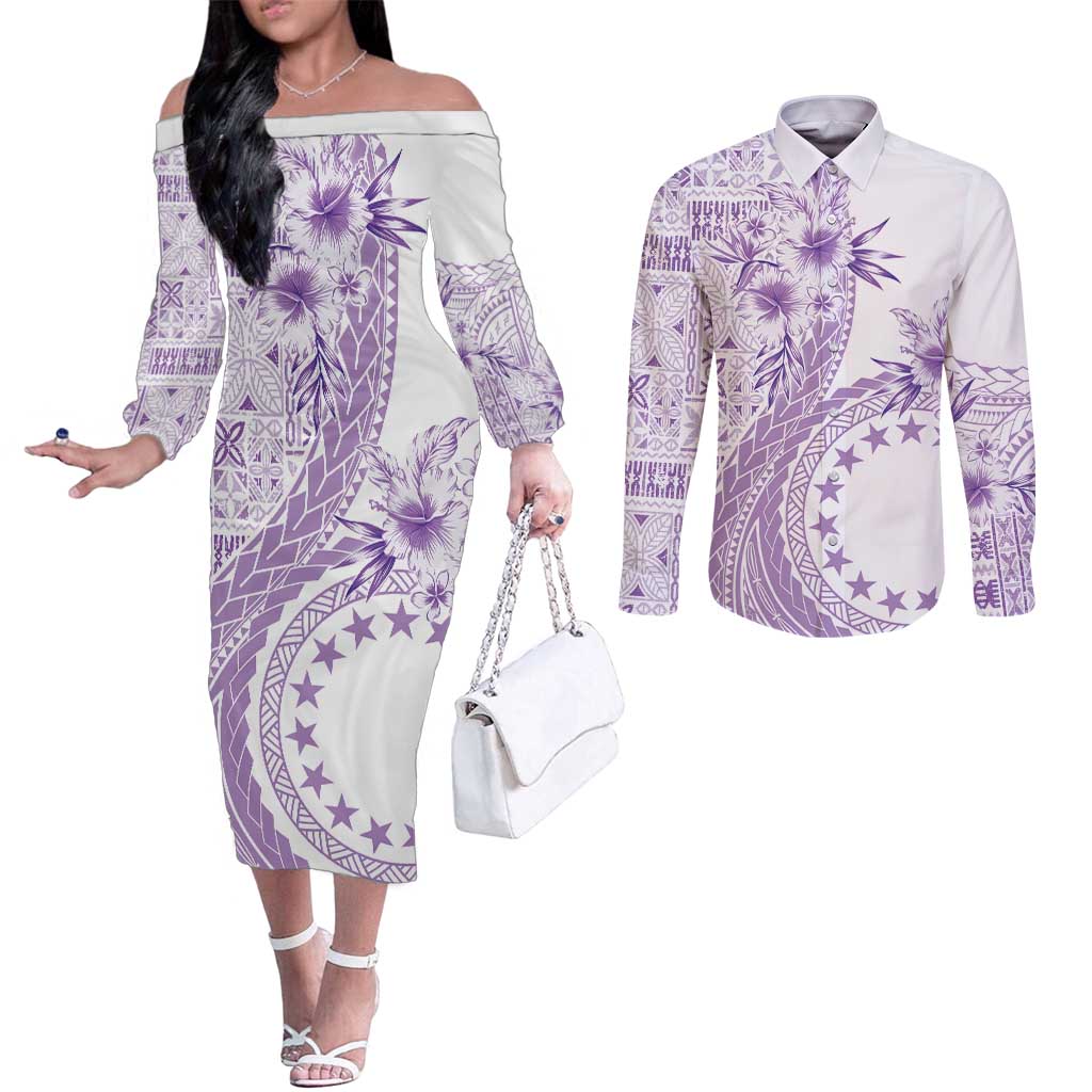 Kia Orana Cook Islands Couples Matching Off The Shoulder Long Sleeve Dress and Long Sleeve Button Shirt Tiare and Stars - Lavender LT7 Lavender - Polynesian Pride