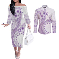 Kia Orana Cook Islands Couples Matching Off The Shoulder Long Sleeve Dress and Long Sleeve Button Shirt Tiare and Stars - Lavender LT7 Lavender - Polynesian Pride