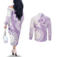 Kia Orana Cook Islands Couples Matching Off The Shoulder Long Sleeve Dress and Long Sleeve Button Shirt Tiare and Stars - Lavender LT7 - Polynesian Pride